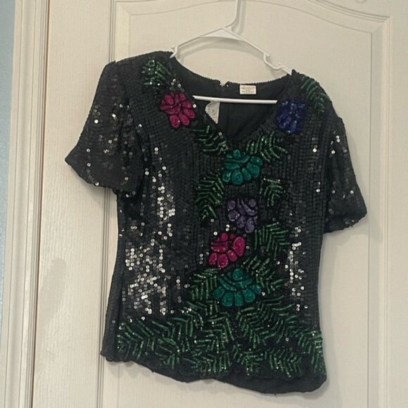 Lindissima Sequin Beaded Leaf Edge Blouse-Size S - Picture 1 of 4